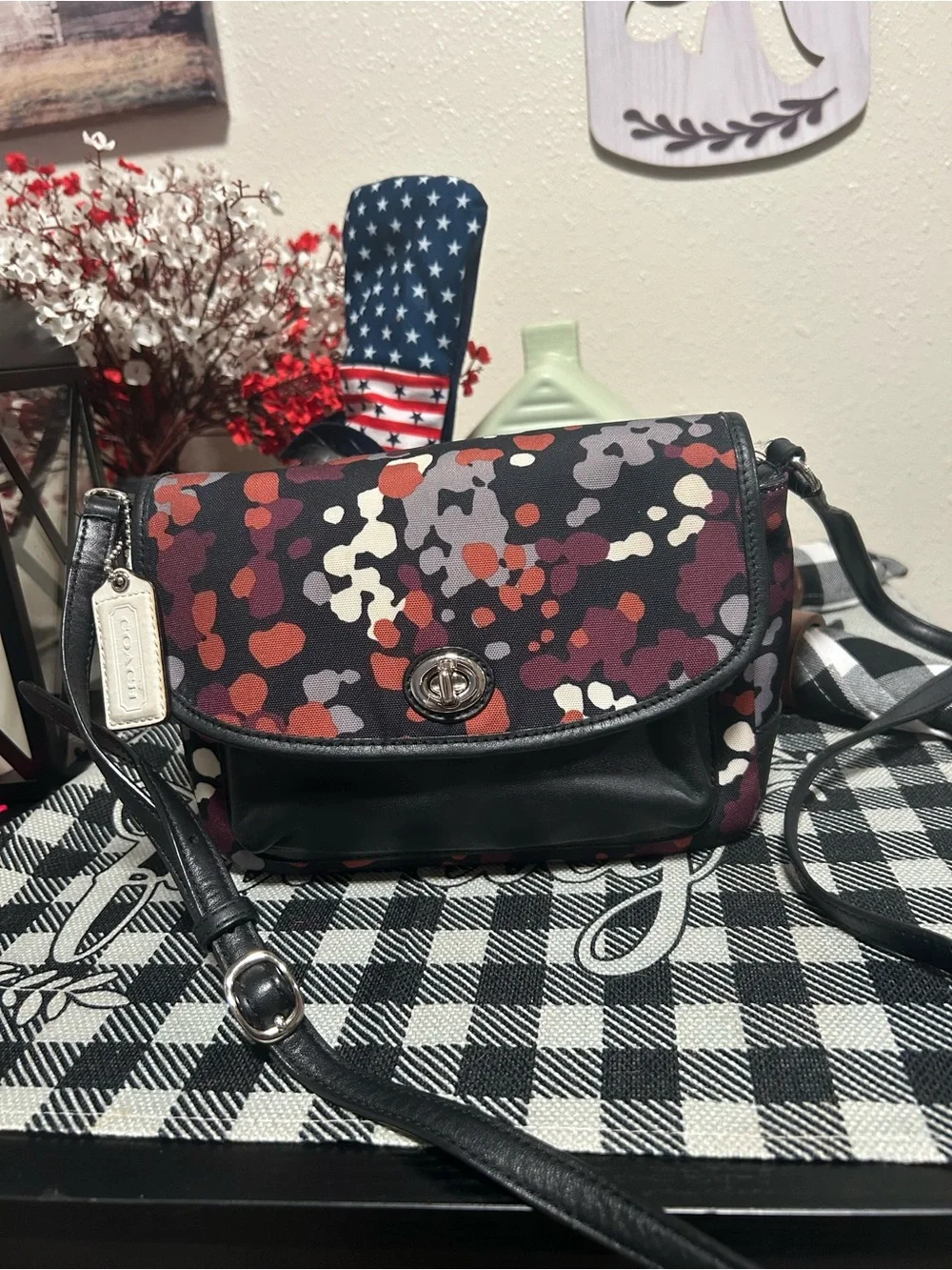 Coach Park Splatter Print Flap Turnlock Crossbody Black, Burgundy, Rust & Cream